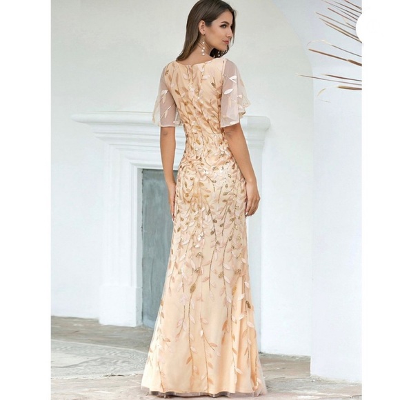 Ever Pretty Gold Shimmery Leaf Embroidered VNeck RuffleSleeves Maxi Dress NWT 2X - Picture 3 of 16